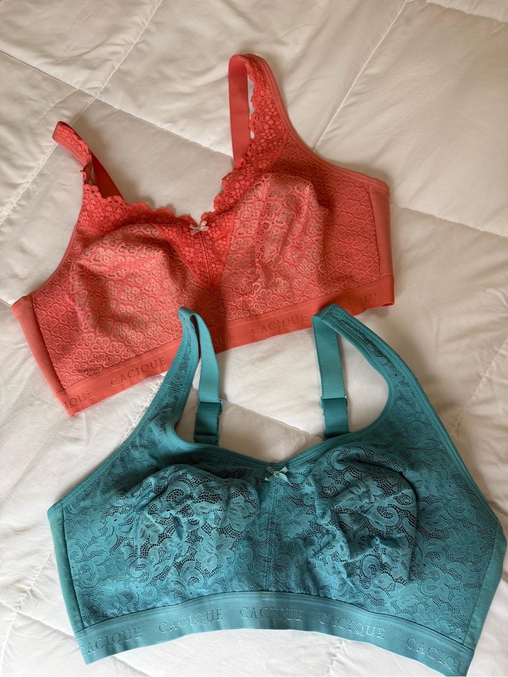 Cacique Lace Wireless Bras - Coral and Teal Set